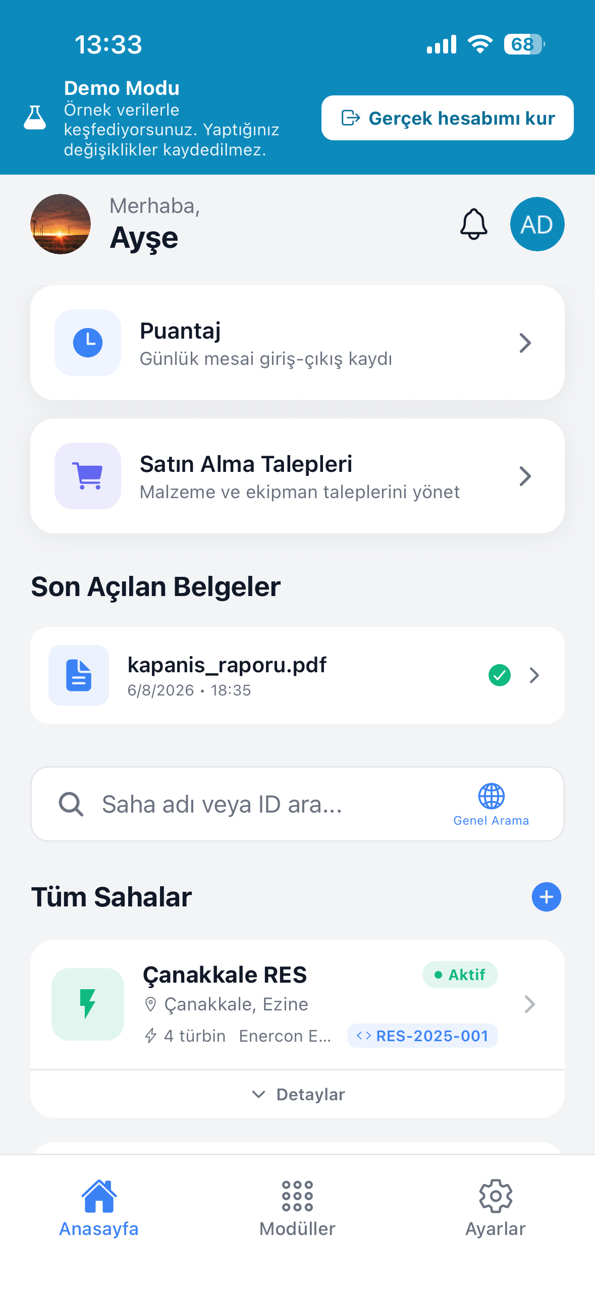 TurbineDoc mobil uygulama — ana ekran, sahalar ve hızlı erişim