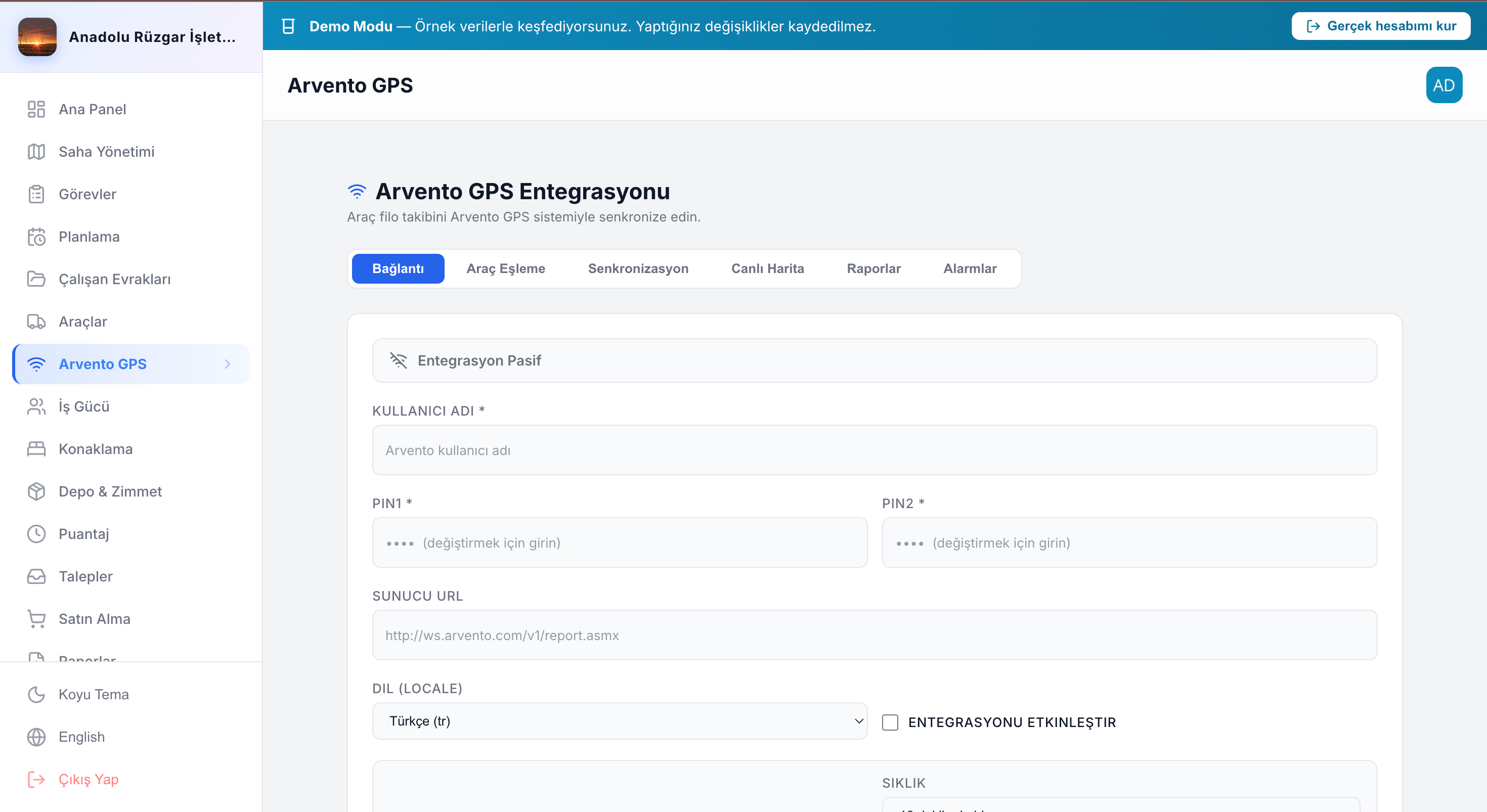 TurbineDoc Arvento GPS entegrasyonu — araç filosunun canlı konum ve telemetri görünümü