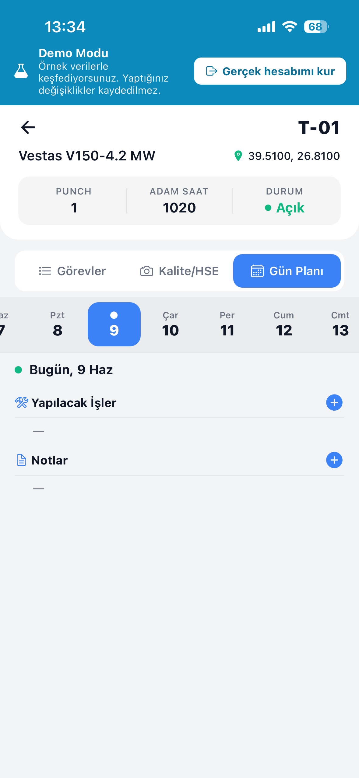 TurbineDoc mobile — daily site plan