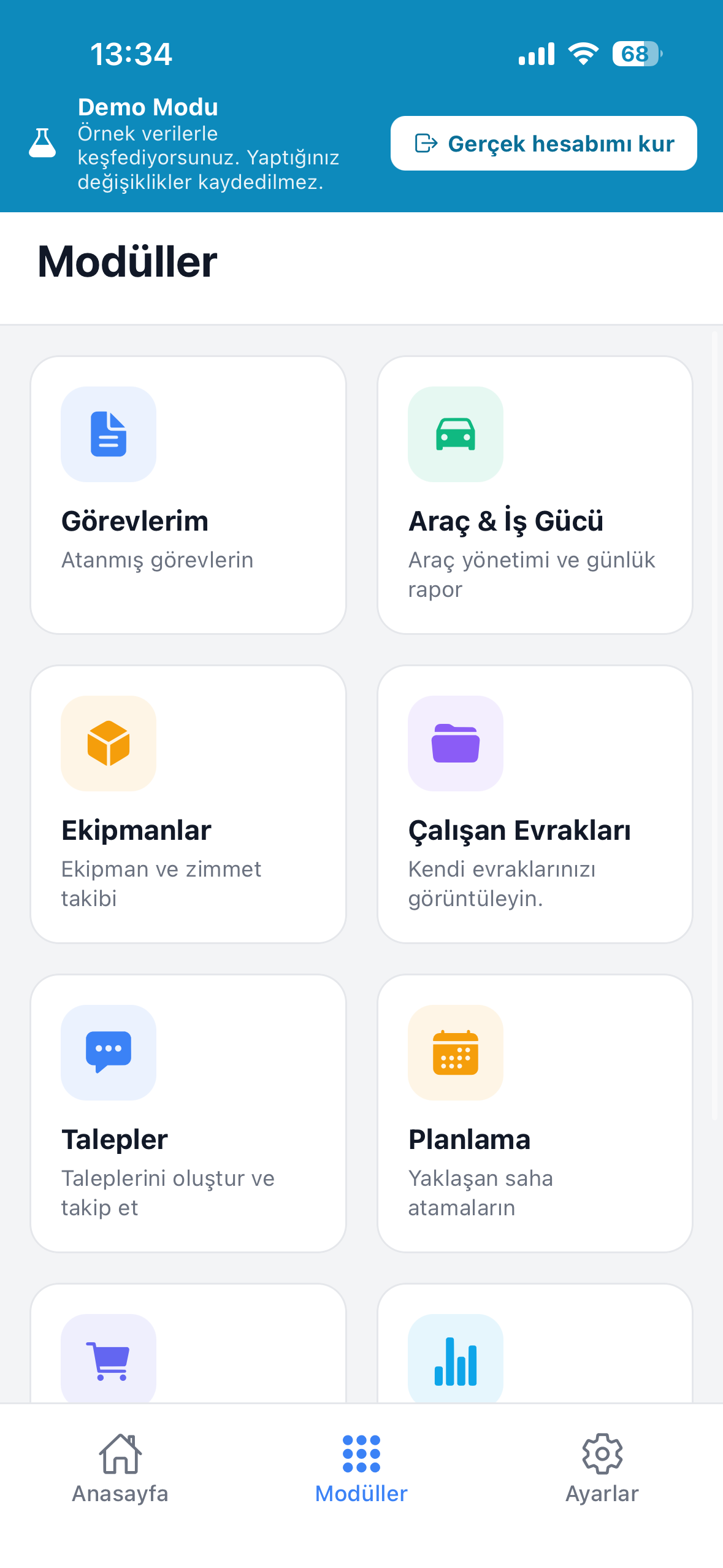 TurbineDoc mobile — modules: tasks, vehicles & workforce, equipment, employee documents, requests, planning
